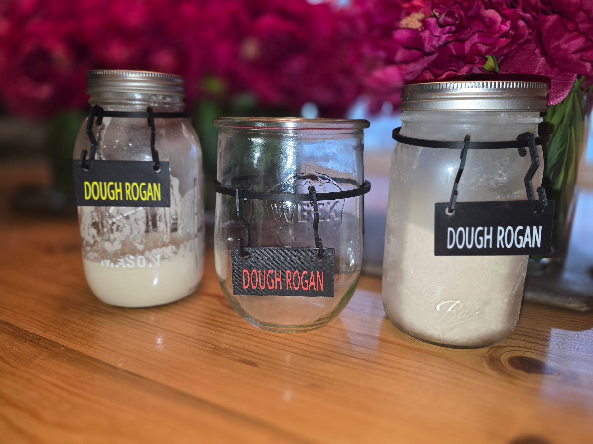 Image of sourdough starter nameplates showing different sizes and colors
